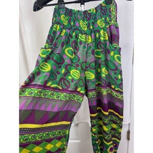 EUC Earthbound purple green yellow geometric harem wide leg pockets pants Size S